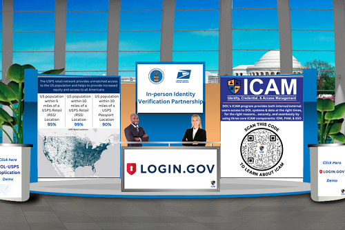 Screenshot from the virtual Tech Day platform showing the Login.gov booth, &quot;In-person Identify Verification Partnership.&quot; A map and QR code are displayed.