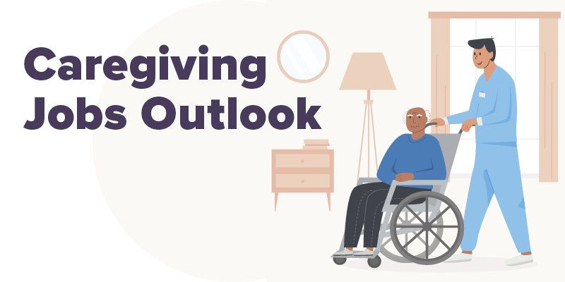 Illustration of a male nursing assistant pushing an older man who uses a wheelchair, with the text &quot;Caregiving Jobs Outlook.&quot;