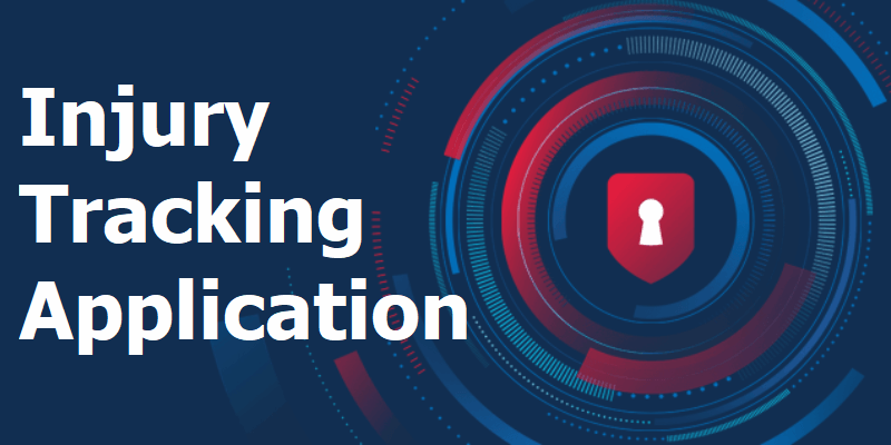 The text &quot;Injury Tracking Application&quot; with a keyhole graphic representing a secure online login