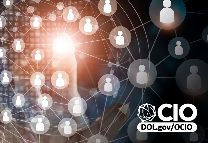 Icons of people&apos;s silhouettes interconnected by tech overlay. OCIO logo in bottom corner. 