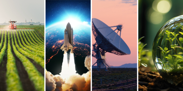 A collage shows a harvester in a field, a rocket far above the earth, a satellite, and a close-up of green shoots, seen through a bead of dew.