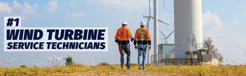 Photo of two workers wearing fall protection walking wind turbines in a field. &quot;Number 1: Wind turbine service technicians.&quot;