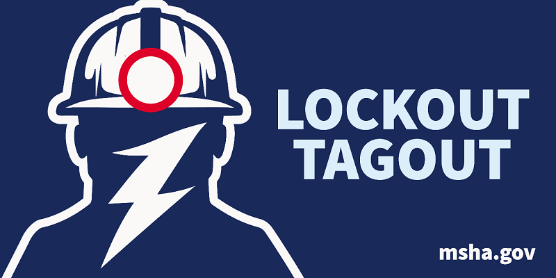 Blue graphic containing the outline of a mine worker, with the text &quot;Lockout Tagout, MSHA.gov&quot;