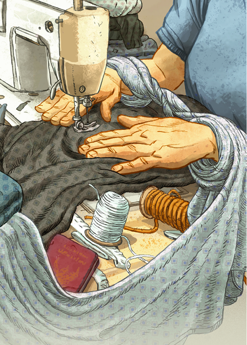 Illustration of a El Monte Thai Garment Worker sewing
