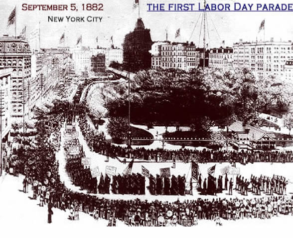 A sketch shows a large crowd gathered to watch a parade. The image is labeled September 5, 1882, New York City. The First Labor Day Parade.