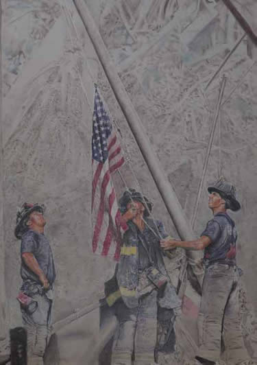Rescue workers raising the American flag at the site of the terrorist attack in New York City.
