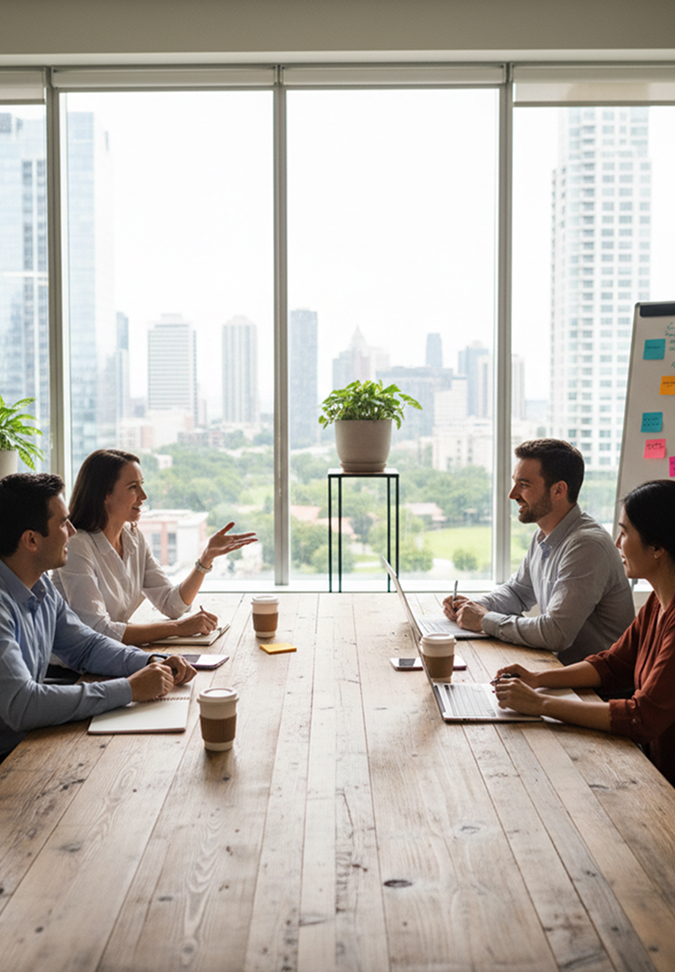 Four people sitting at a table having a meeting in an office