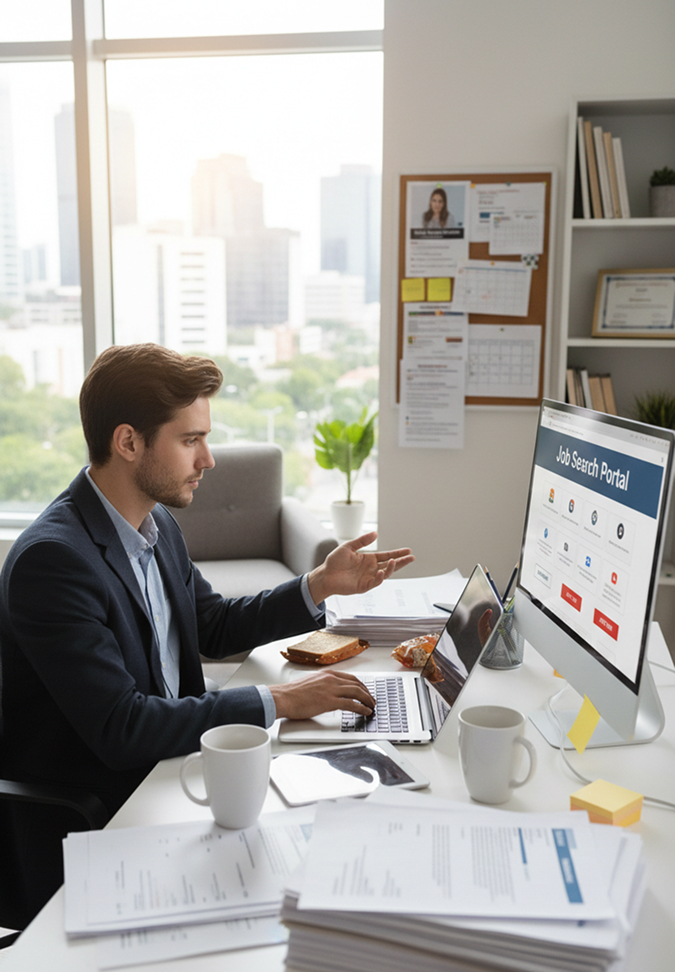 Person working at a desk with a computer in an office