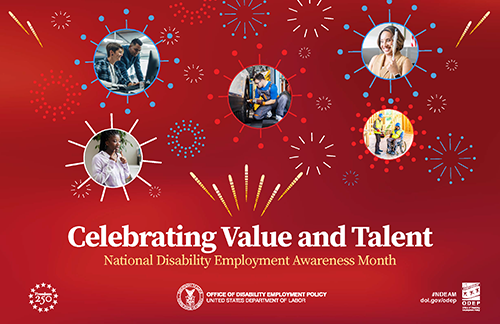 2026 NDEAM poster shows images of people with disabilities and fireworks. Says “Celebrating Value and Talent, National Disability Employment Awareness Month