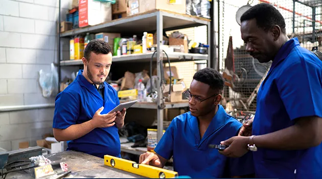 Three people working at a workshop table