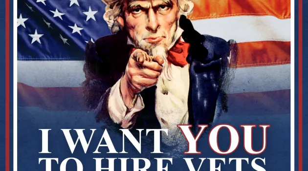 Image reflects classic "Uncle Sam" recruitment poster with text saying "I want YOU to hire vets." DOL.gov/vets