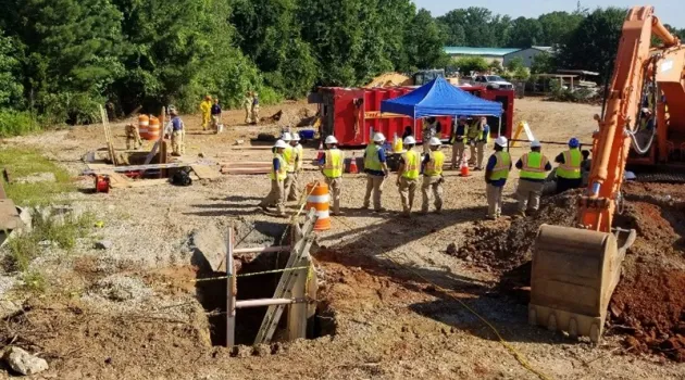 View of a trench at a construction site  with an excavator and workers walking around 