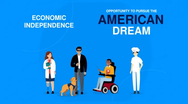Four disabled workers with the phrases "Economic Independence" and "Opportunity To Pursue The American Dream" above them.