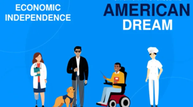 Four disabled workers with the phrases "Economic Independence" and "Opportunity To Pursue The American Dream" above them.