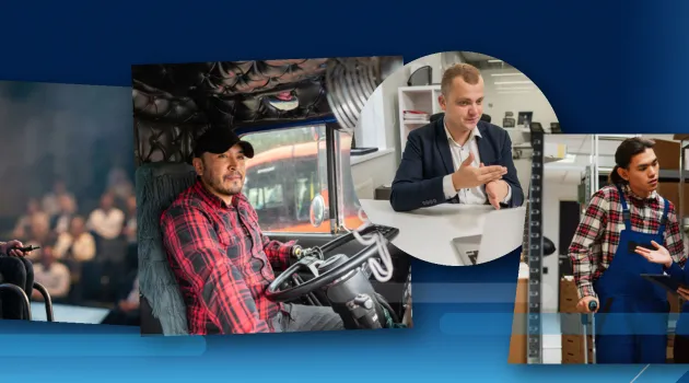 Collage of four workplace scenes: A professional giving a presentation while seated in a wheelchair, addressing an audience; A person operating a truck using a prosthetic arm while seated in the driver’s seat.; An office worker using sign language during a video call, with hands positioned in mid‑sign.; Two colleagues in a warehouse setting, one using a forearm crutch while standing beside shelves of boxed inventory.