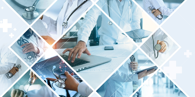 A collage of medical-related imagery, such as stethoscopes, a syringe, and workers in lab coats and scrubs.
