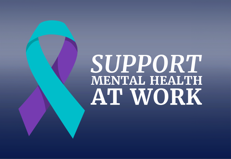 A teal and purple ribbon with the text "Support mental health at work"