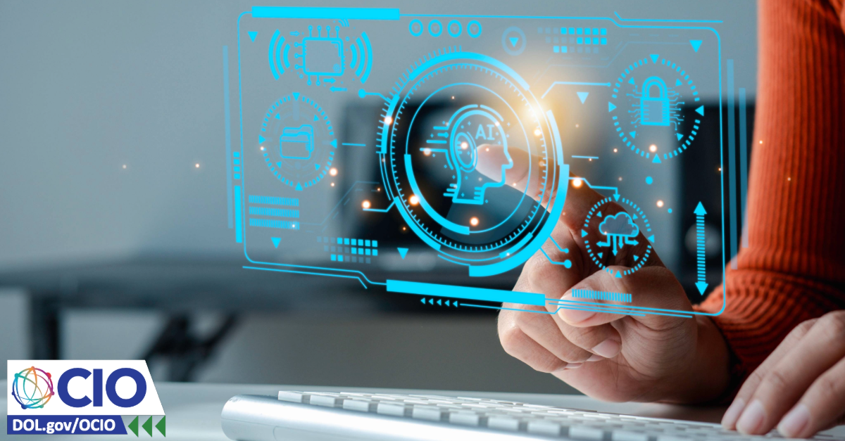 A visual representing artificial intelligence: A person at a keyboard taps a holographic-type image hovering above it. OCIO.