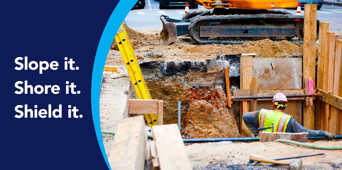 Photo of a construction worker standing inside a properly shored trench with the text "Slope it, shore it, shield it."