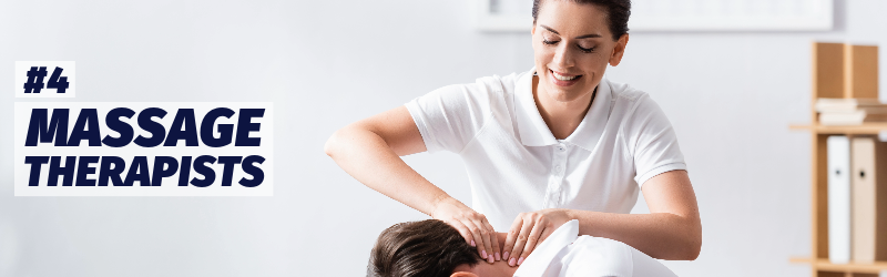 A female masseuse massages the neck of a man in an office environment. "Number 4: Massage therapists"
