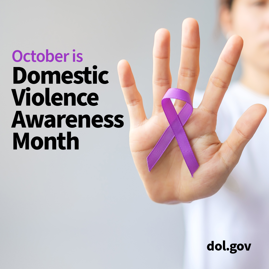 October is Domestic Violence Awareness Month. Image of a woman holding up her hand, palm forward, and a purple domestic violence awareness ribbon.