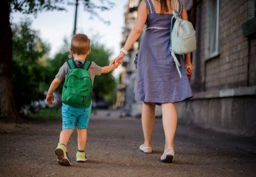 young child holding his mothers hand and on a walk