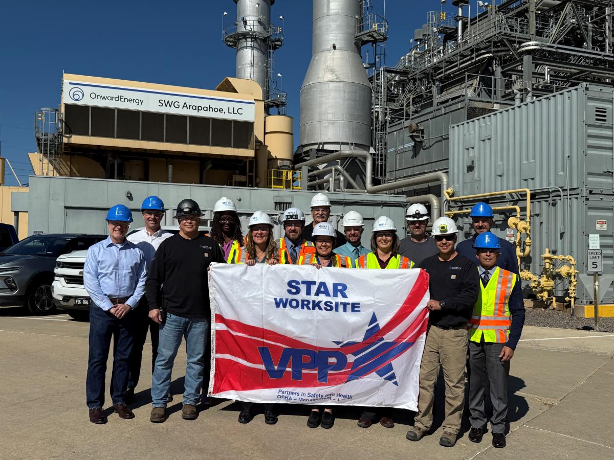 A group of people in hard hats stand in front of an energy plant on a sunny day. They hold a banner that says "VPP STAR Worksite."