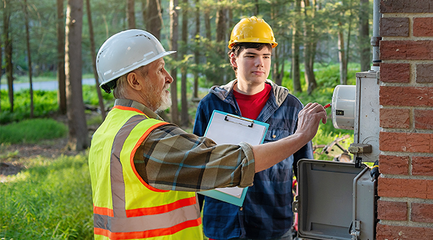 Two men wearing yellow hard hats outside a home.