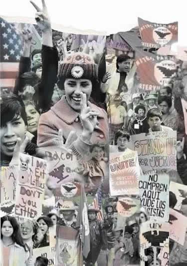 Collage of farm workers picketing