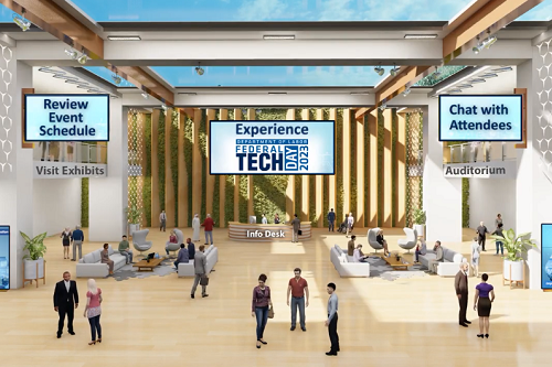 A screenshot of the lobby of the online platform, which is a large, sunny space showing people milling about with various clickable options to join different event options (exhibits, auditorium, chat, schedule). 