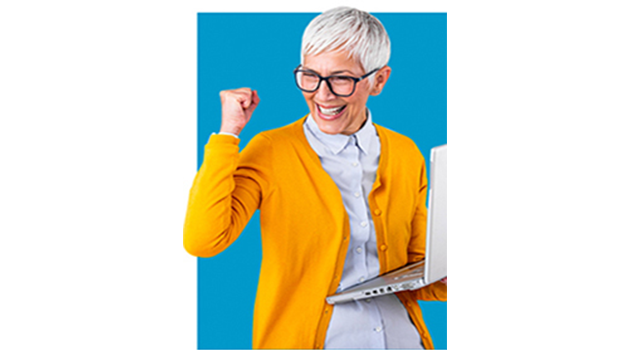 Older woman wearing a bright sweater