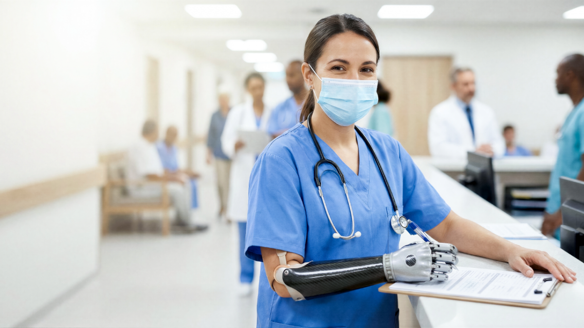 A nurse in scrubs stands at a hospital workstation, reviewing a clipboard while using a myoelectric prosthetic arm. Other medical staff move through the busy hallway in the background.