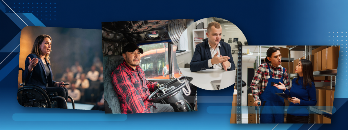 Collage of four workplace scenes: A professional giving a presentation while seated in a wheelchair, addressing an audience; A person operating a truck using a prosthetic arm while seated in the driver’s seat.; An office worker using sign language during a video call, with hands positioned in mid‑sign.; Two colleagues in a warehouse setting, one using a forearm crutch while standing beside shelves of boxed inventory.