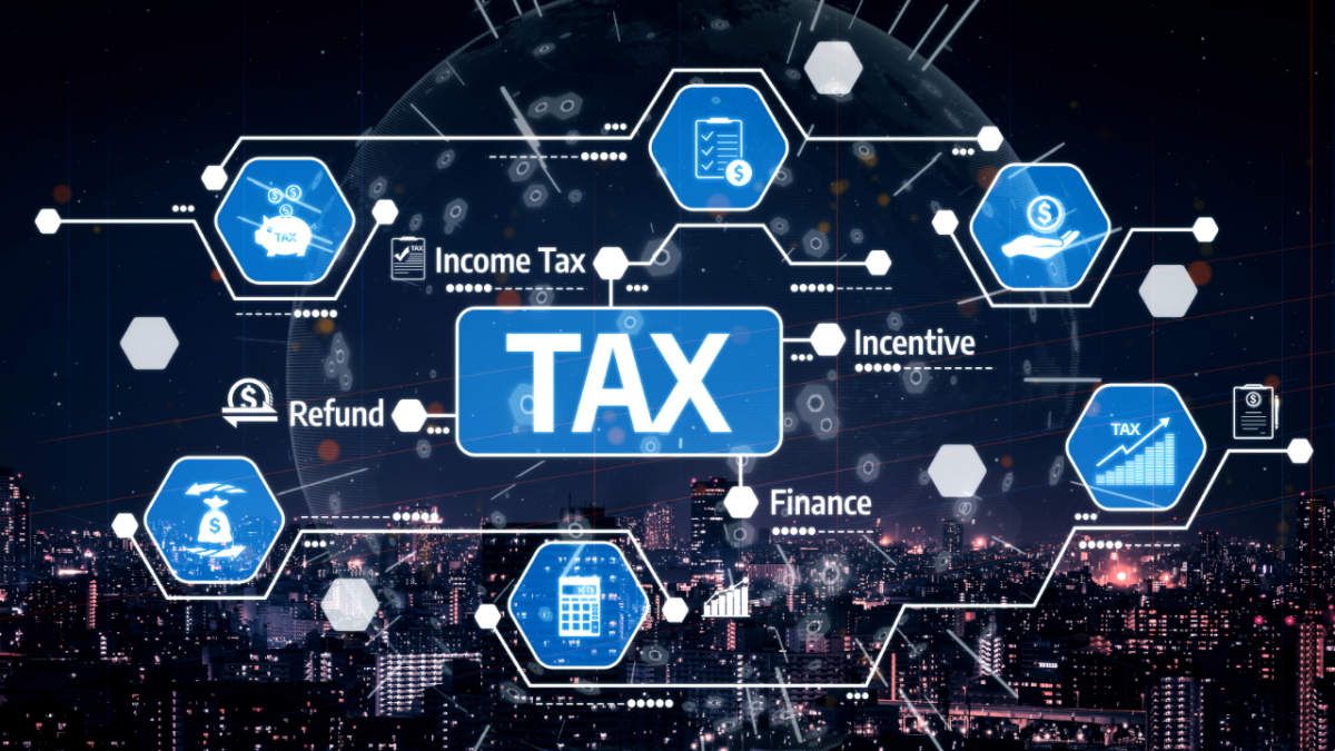 Digital graphic showing connected icons related to taxes, including symbols for income tax, refunds, incentives, finance, and savings. The word ‘TAX’ appears prominently in the center, overlaid on a nighttime cityscape with a glowing network design.